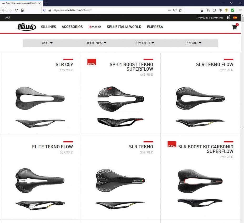 Aspecto de la tienda online de Selle Italia