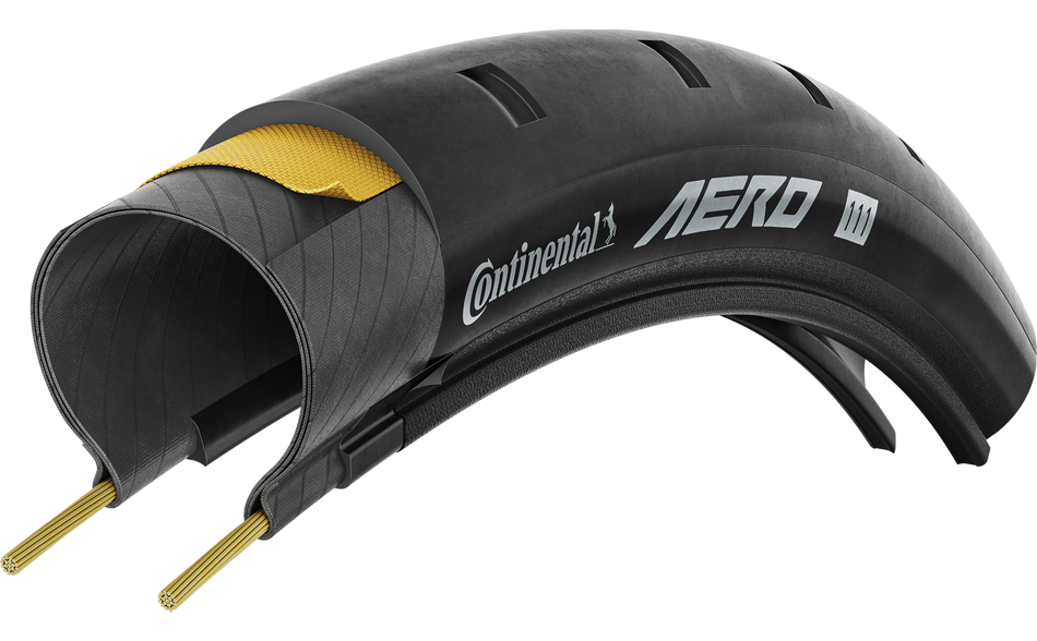 Vista en corte del neumático de bicicleta Continental AERO 111, que muestra sus intrincadas capas internas y su estructura.