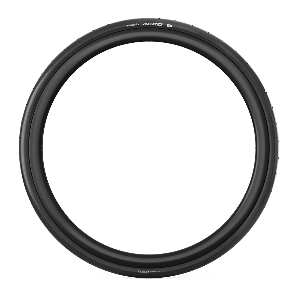 Se muestra un neumático de bicicleta negro con la etiqueta "Continental AERO 111" sobre un fondo blanco.