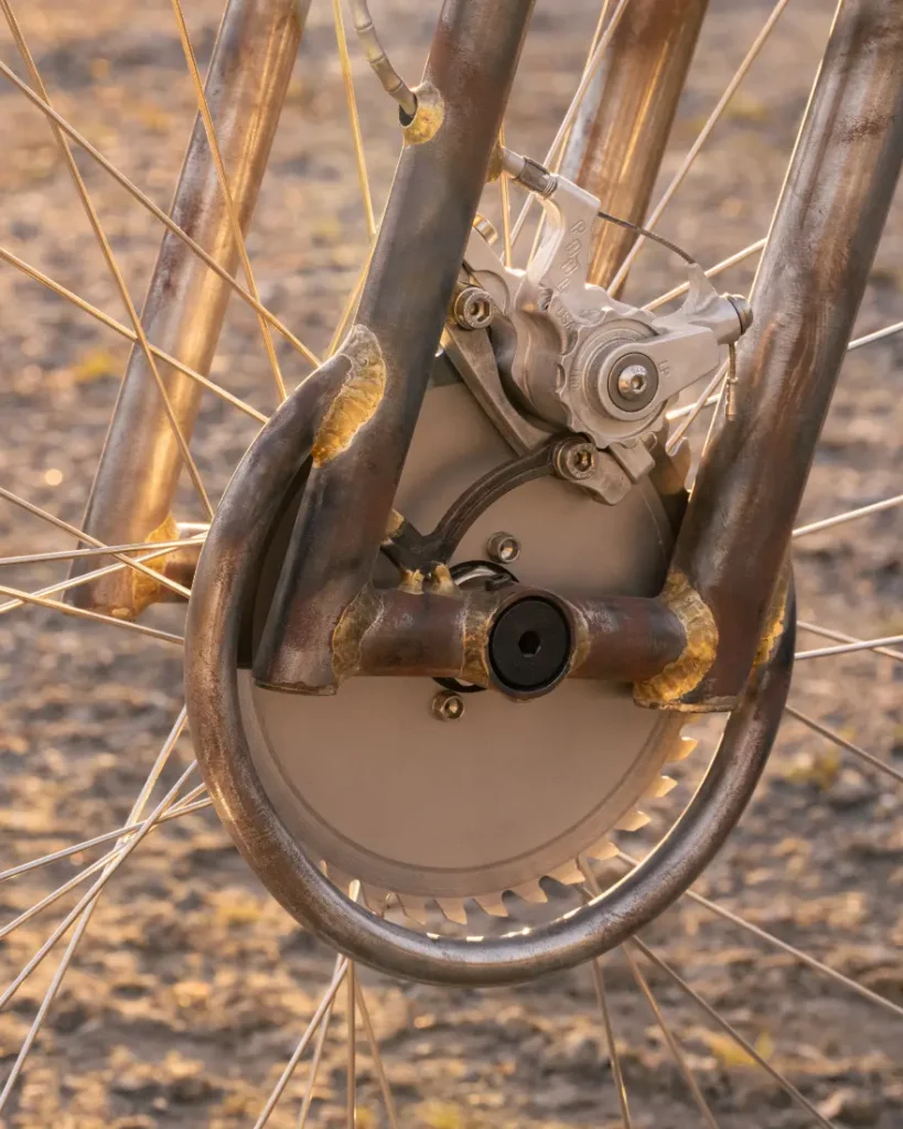 Primer plano del buje de la rueda trasera de una bicicleta SCOTT Solace, que muestra los intrincados engranajes y radios. El acabado metálico brilla bajo la luz y acentúa su exclusivo mecanismo de engranajes, un verdadero testimonio de la ingeniería incluso en los recorridos por terrenos baldíos más difíciles.