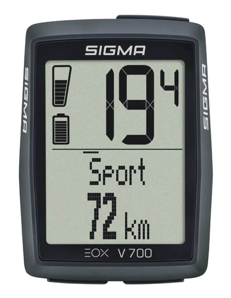 El ciclocomputador digital Sigma EOX VIEW 700 muestra una velocidad de 19,4 km/h en modo "Sport" y cubre una distancia de 72 km. La pantalla también cuenta con indicadores de batería convenientemente ubicados en la parte superior izquierda para un fácil control.
