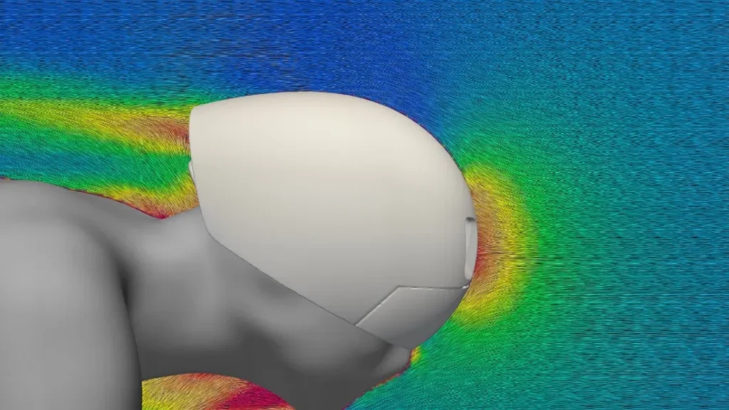 Diagrama del flujo de aire aerodinámico alrededor de una figura con casco que lleva el POC Procen Air, con gradientes de colores que indican la presión y la velocidad del flujo, mostrando un diseño avanzado ideal para el rendimiento de EF Pro Cycling.