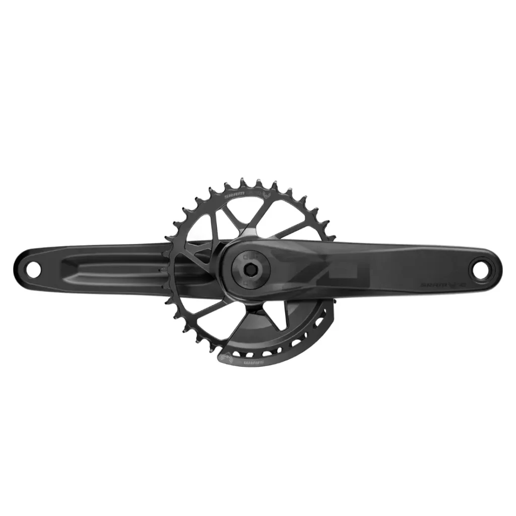 El juego de bielas para bicicleta SRAM Eagle 70 cuenta con un plato único con un elegante acabado negro y un diseño moderno, perfectamente complementado por sus eficientes cambios mecánicos.