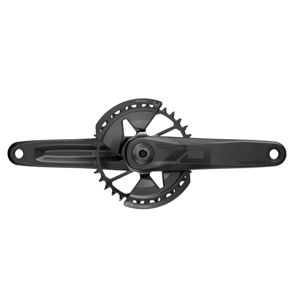 Juego de bielas de bicicleta con dos platos y brazos de biela, visto desde arriba sobre un fondo blanco, que muestra el diseño intrincado que complementa cualquier configuración SRAM Eagle.