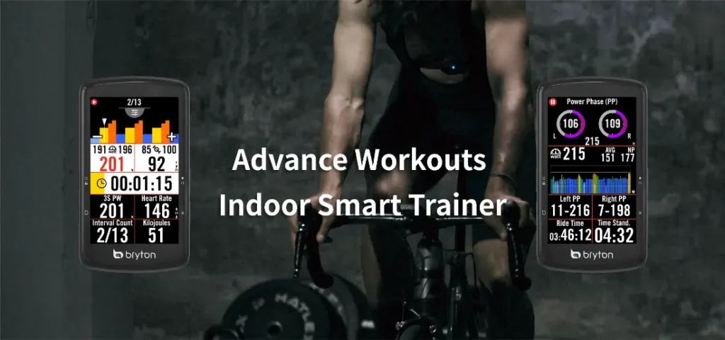 Una persona utiliza una bicicleta estática inteligente, mejorada con el Bryton Rider S810. Dos pantallas muestran las estadísticas de entrenamiento con precisión. El texto dice: "Entrenamientos avanzados, bicicleta estática inteligente".