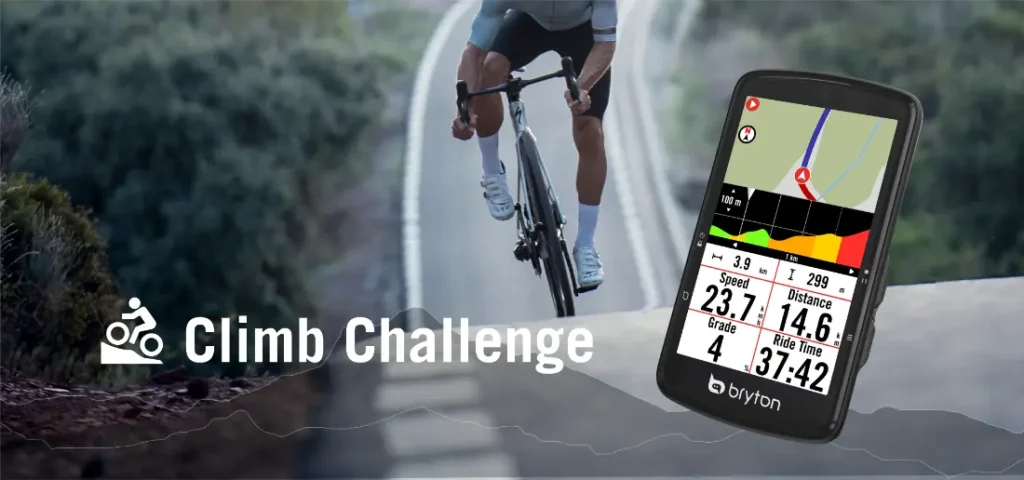 Un ciclista sube una cuesta, con la mirada fija en el ciclocomputador Bryton Rider S810. La pantalla muestra la velocidad, la pendiente, la distancia y el tiempo de recorrido. El texto "Climb Challenge" aparece junto al icono de una bicicleta.