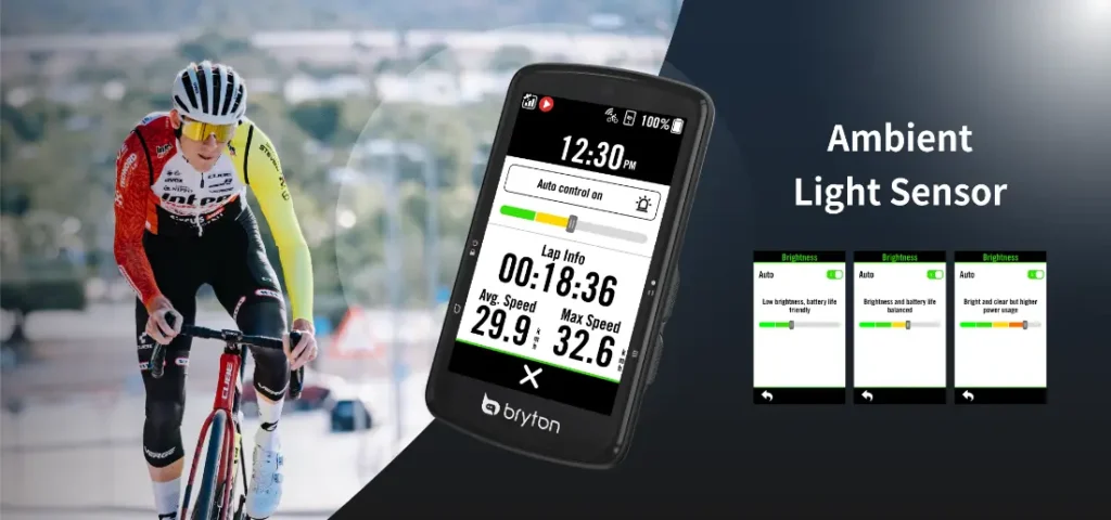 Un ciclista pedalea con confianza con un dispositivo GPS Bryton Rider S810, que muestra el tiempo y las estadísticas de ciclismo con fluidez. Los gráficos resaltan el sensor de luz ambiental, en perfecta armonía con las imágenes de configuración intuitivas.