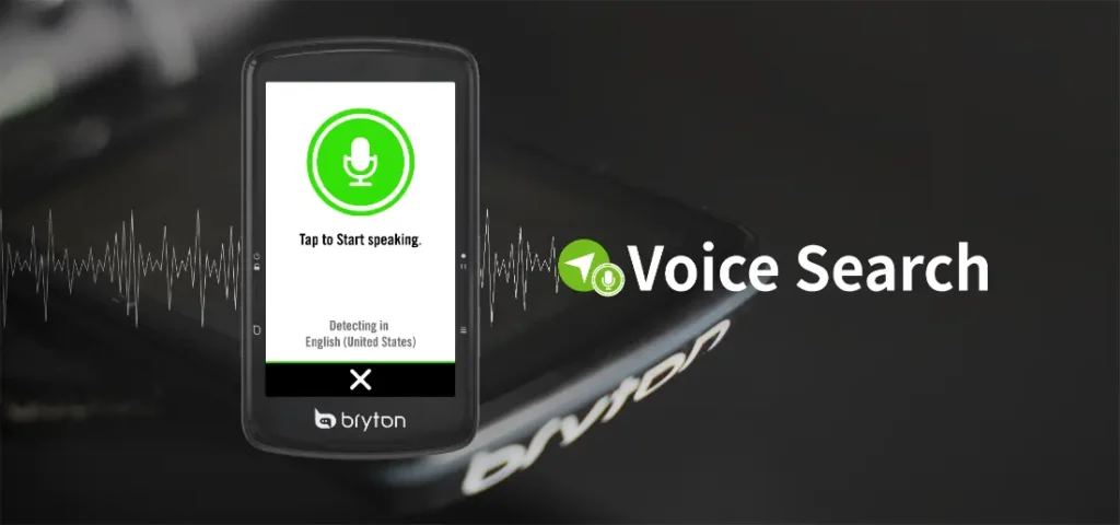 La pantalla del smartphone muestra el mensaje de búsqueda por voz "Toca para empezar a hablar" junto a un icono de micrófono verde. Al fondo, el texto en negrita indica "Búsqueda por voz" con gráficos dinámicos de ondas sonoras, que evocan la conectividad fluida que ofrecen dispositivos como el Bryton Rider S810.