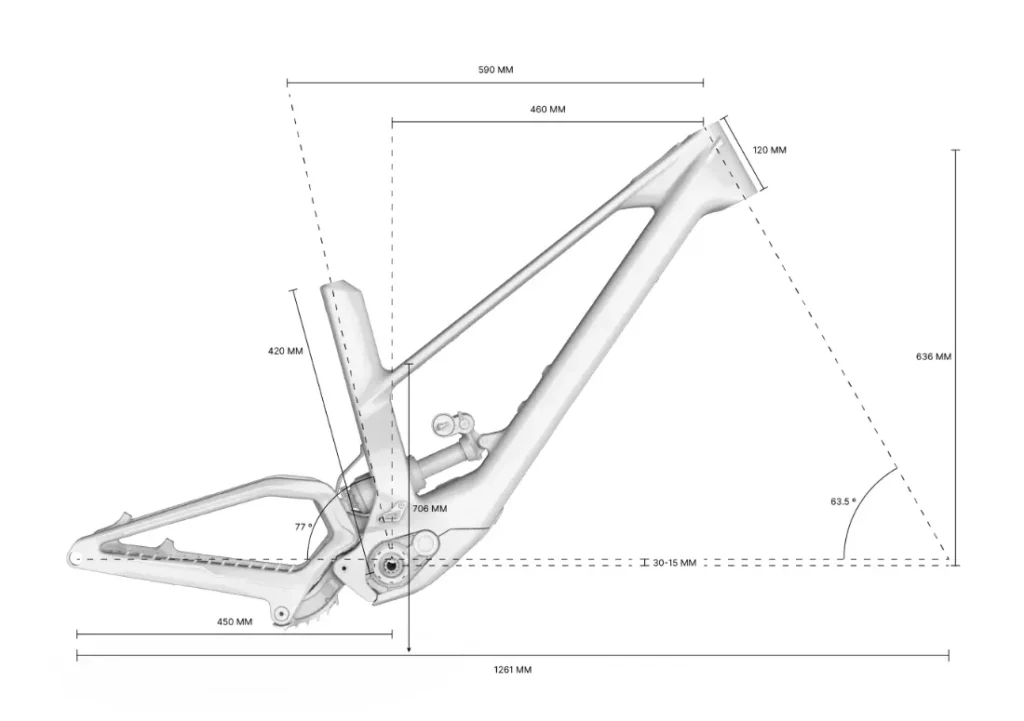 Diagrama de un cuadro de bicicleta con medidas precisas, que detalla específicamente el modelo UNNO MITH. El cuadro muestra varios ángulos y longitudes, incluyendo las dimensiones del tubo de dirección, el tubo del sillín y la longitud total.