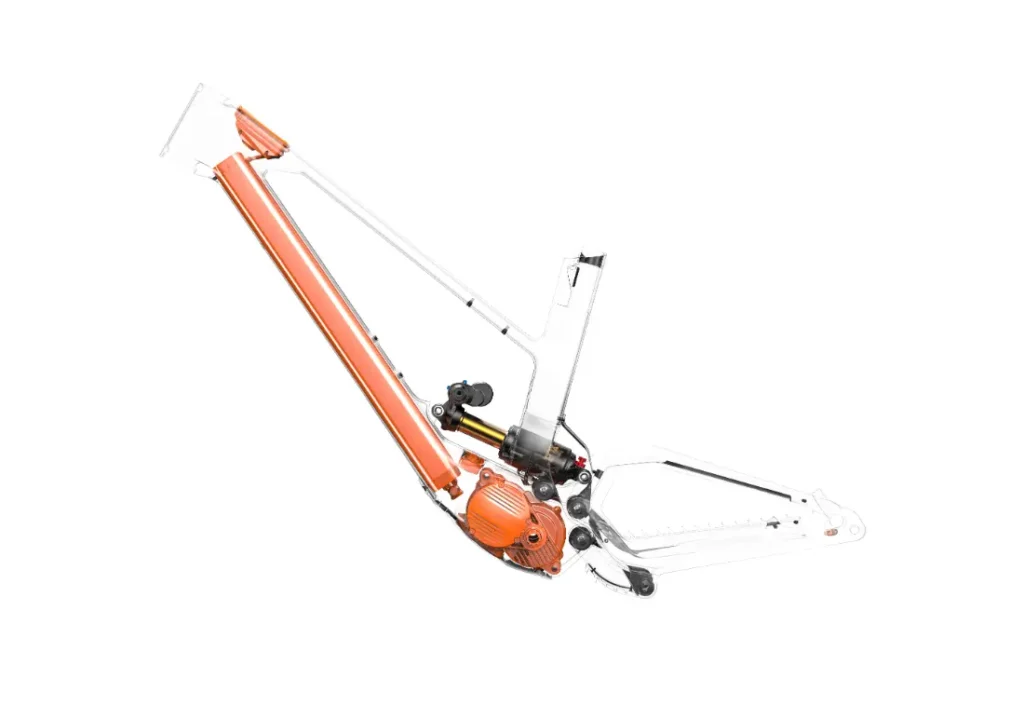 El dispositivo mecánico naranja y blanco UNNO MITH cuenta con un brazo largo y ruedas pequeñas, lo que lo hace ideal para tareas de construcción o maquinaria.