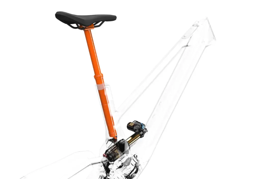 Ilustración transparente de un cuadro de bicicleta UNNO MITH que resalta un poste de asiento telescópico naranja y componentes de suspensión.