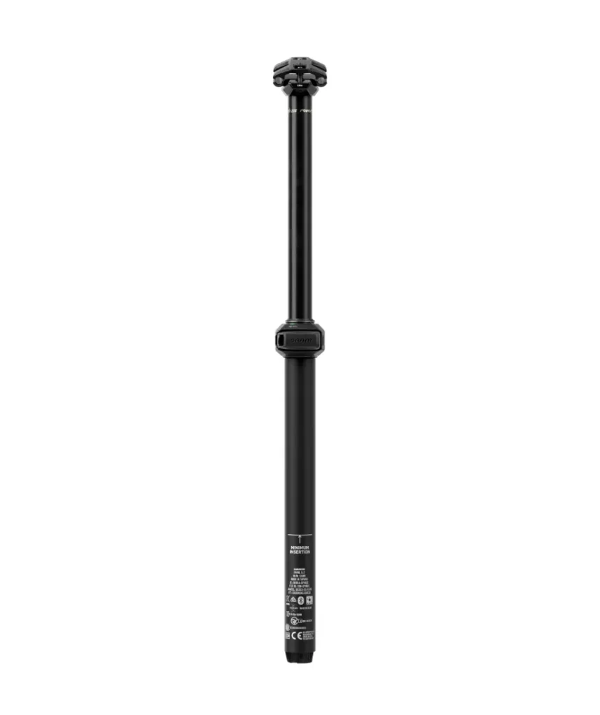 Una tija telescópica MTB negra con diseño cilíndrico, que incorpora un mecanismo de control RockShox Reverb AXS en la parte superior y varias marcas técnicas en la sección inferior para mayor precisión.
