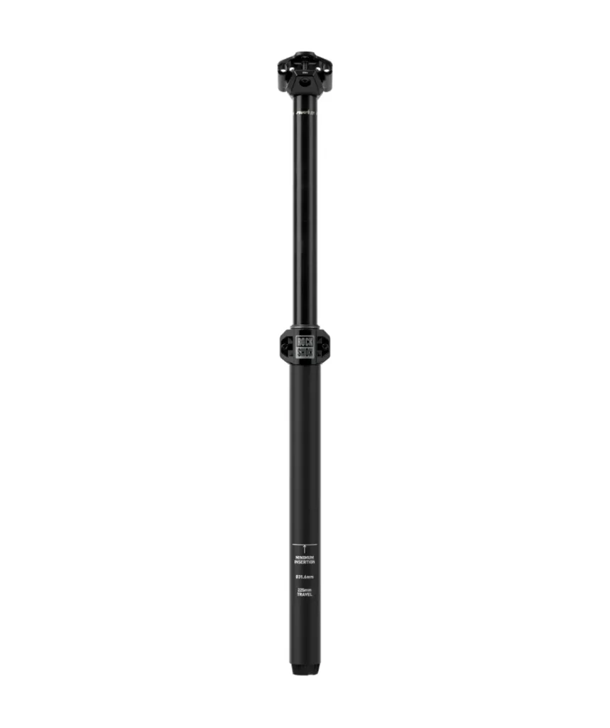 Tija de sillín telescópica para bicicleta RockShox Reverb AXS negra con mecanismo de ajuste, diseñada para entusiastas de la MTB, en posición vertical sobre un fondo blanco liso.