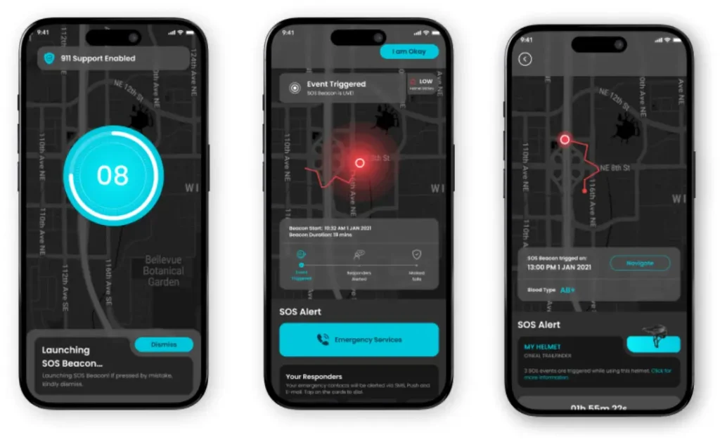 Tres teléfonos inteligentes muestran una aplicación de emergencia SOS esencial para la seguridad MTB, que muestra una cuenta regresiva SOS, una alerta de evento con ruta de mapa y opciones de alerta SOS con información de respuesta, perfecta para ciclistas que usan el sistema Quin o O'Neal Trailfinder Evo.