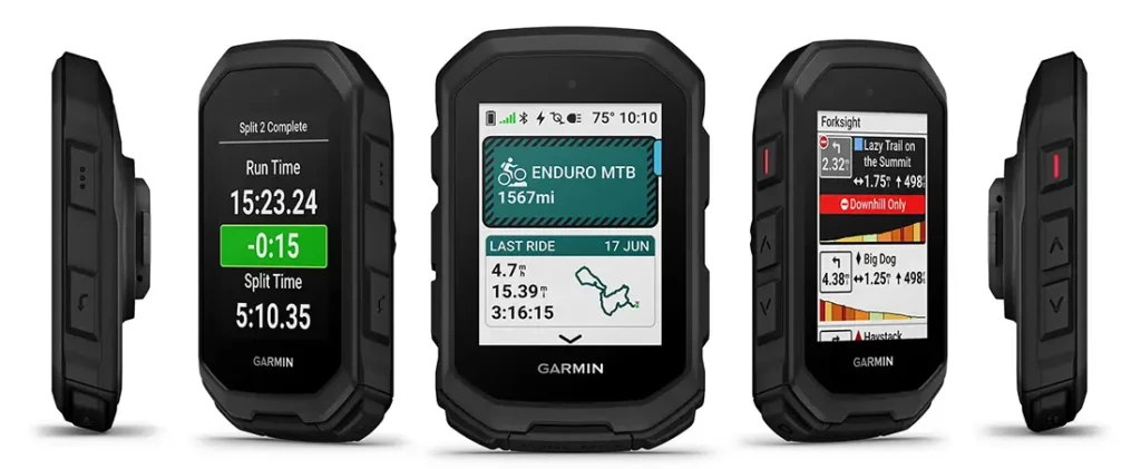 Aparecen cuatro dispositivos ciclocomputadores Garmin Edge MTB, que muestran varias pantallas de seguimiento y navegación con datos sobre tiempo, distancia, mapas de rutas y estadísticas de ciclismo.