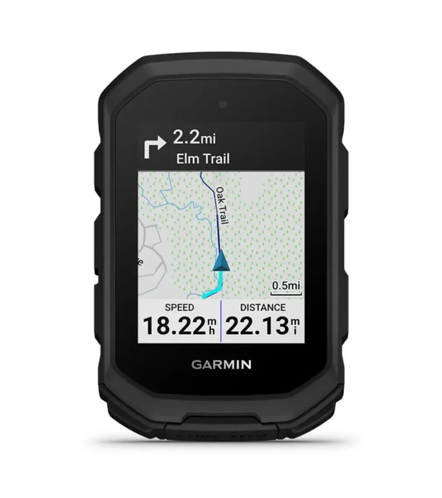 Un ciclocomputador portátil Garmin Edge MTB muestra un mapa con una ruta azul, la velocidad actual de 18,22 mph, la distancia de 22,13 millas y las indicaciones de navegación hasta Elm Trail.