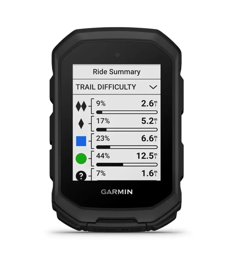 Una pantalla del dispositivo Garmin Edge MTB en la que se muestra un Resumen del recorrido con clasificaciones de dificultad de los senderos, porcentajes, distancias y símbolos de colores para cada tipo de sendero.