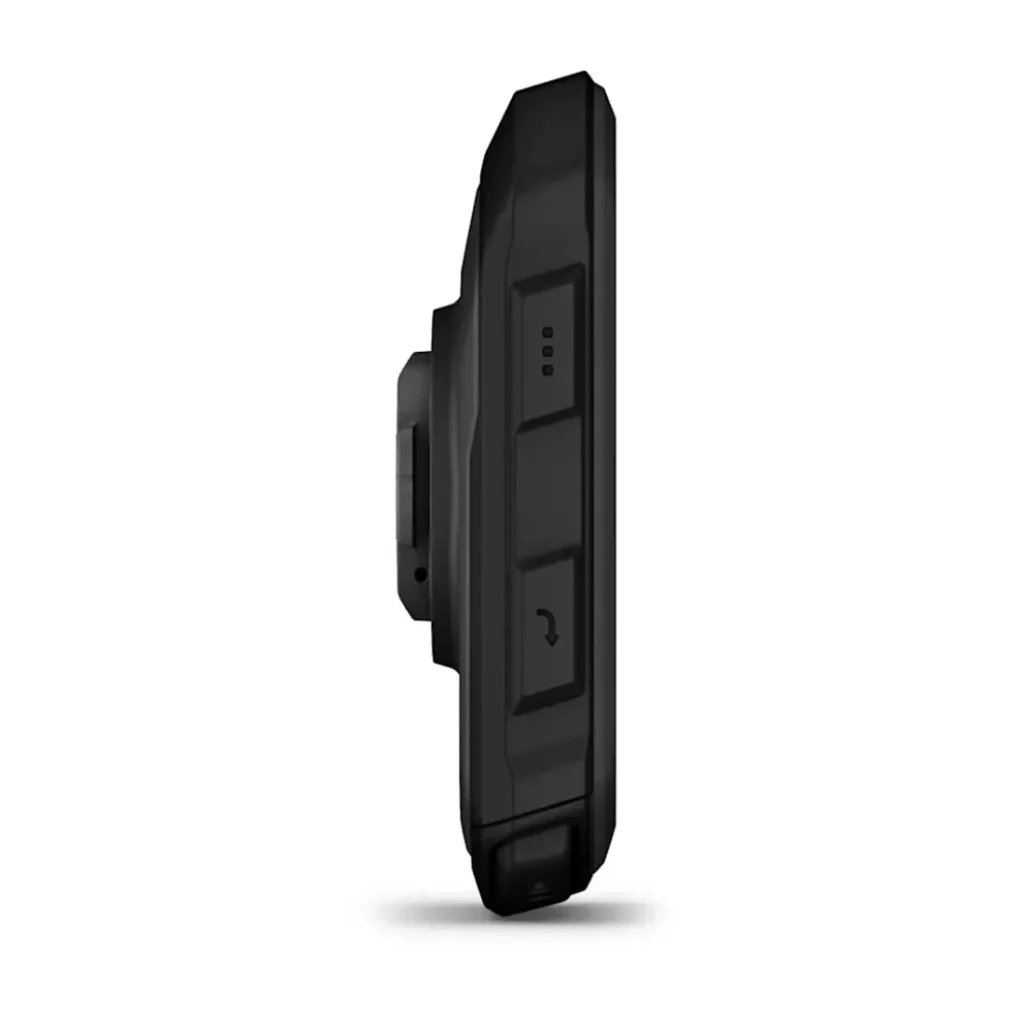 Un ciclocomputador MTB Garmin Edge negro se muestra desde el lateral sobre un fondo blanco, con un componente circular y dos botones rectangulares.