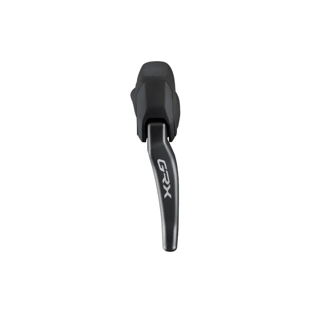 Una palanca de cambio y freno de bicicleta Shimano GRX negra mostrada de frente sobre un fondo blanco.