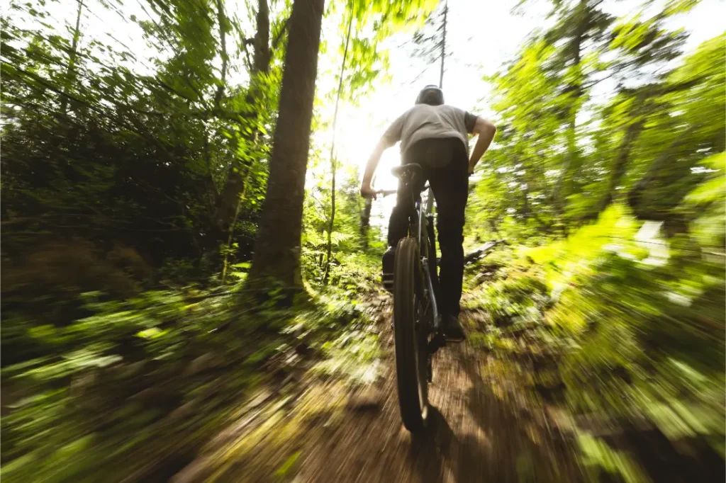 Una persona conduce una bicicleta de montaña Santa Cruz Vala AL cuesta arriba por un sendero forestal, la luz del sol filtrándose entre los árboles y el desenfoque del movimiento acentúan la velocidad en el duradero cuadro de aluminio.