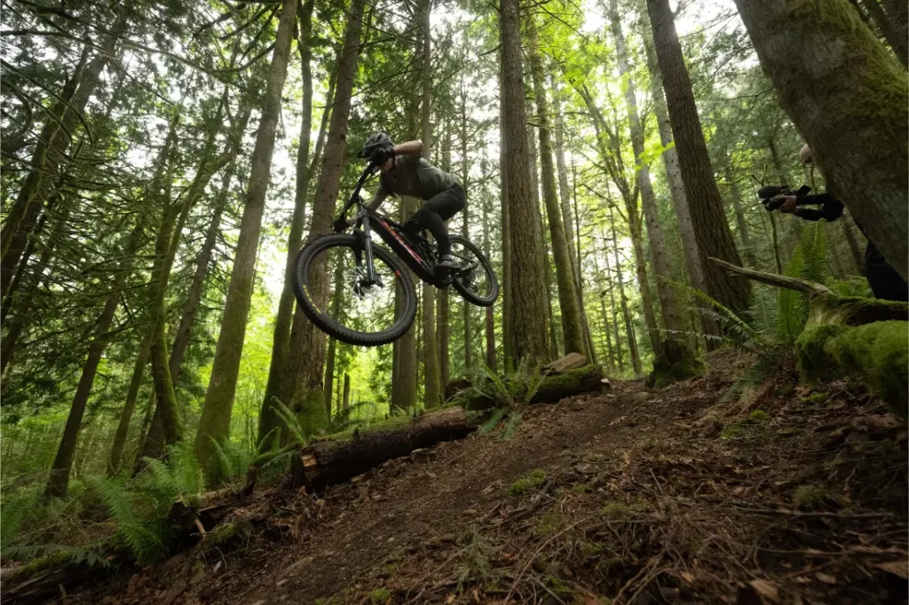 Un ciclista de montaña con casco salta por encima de un tronco en una pista forestal, montado en una Santa Cruz Vala AL de aluminio resistente, con árboles y helechos de fondo.