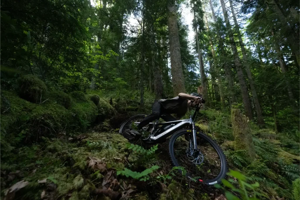 Una persona monta en una bicicleta de montaña Santa Cruz Vala AL, su ligero cuadro de aluminio se desliza por un estrecho y escarpado sendero rodeado de densos bosques verdes y altos árboles.