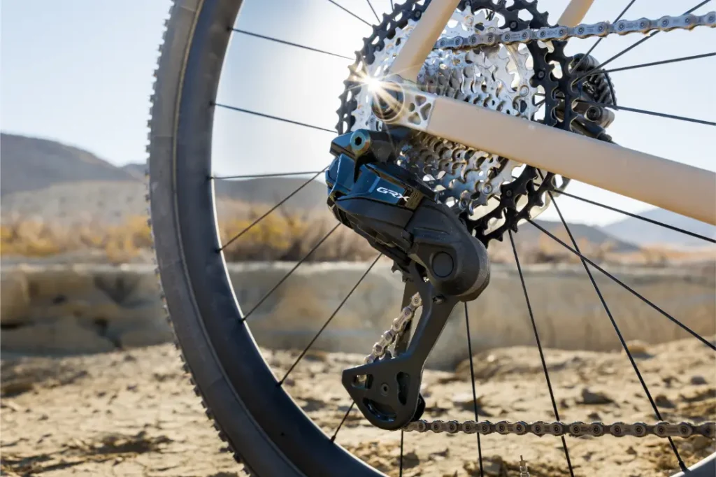 Primer plano de la rueda trasera de una bicicleta que muestra un casete de cambio, un desviador y una cadena en un paisaje rocoso al aire libre.