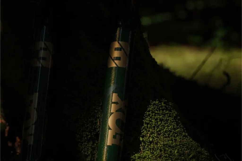 Primer plano de una horquilla de suspensión FOX 38 Racing Green con logotipo, parcialmente en la sombra, apoyada en el tronco de un árbol cubierto de musgo.