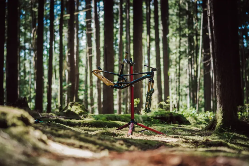 Un cuadro de bicicleta parcialmente montado sobre un soporte de reparación en un bosque denso e iluminado por el sol con árboles altos y suelo musgoso, con componentes FOX 38 Racing Green para darle un toque único.