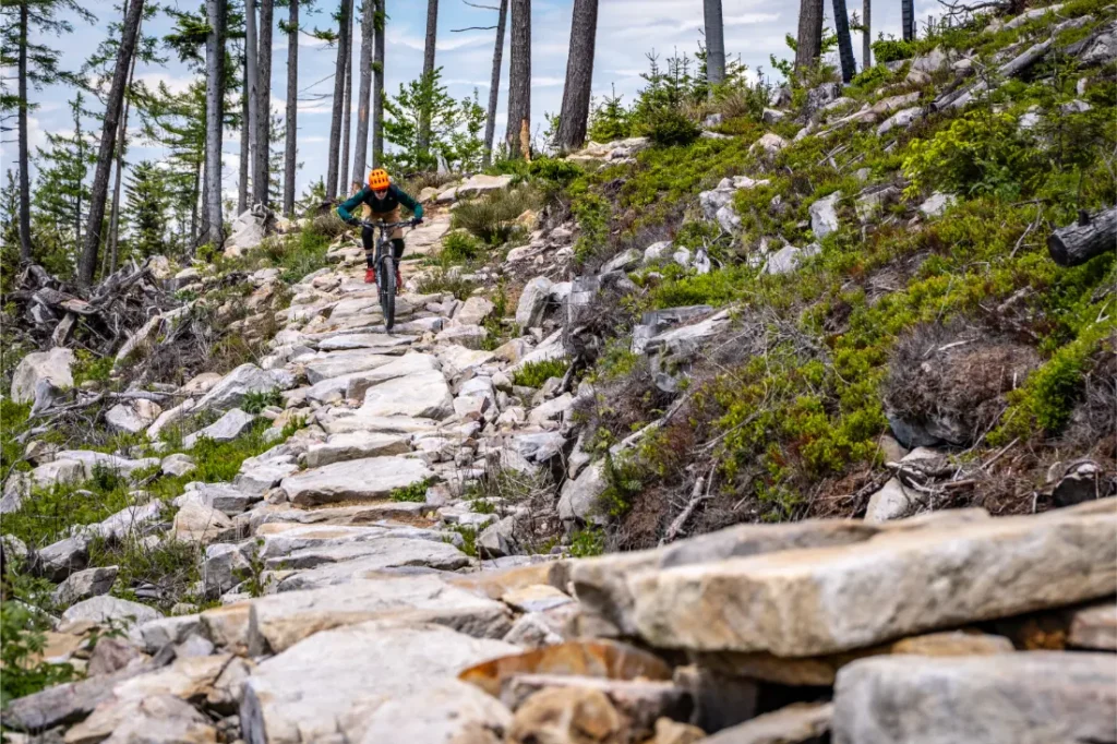 Una persona con casco naranja conduce una bicicleta de montaña por un sendero rocoso en Bike Region Glacensis, rodeado de árboles y rocas dispersas.
