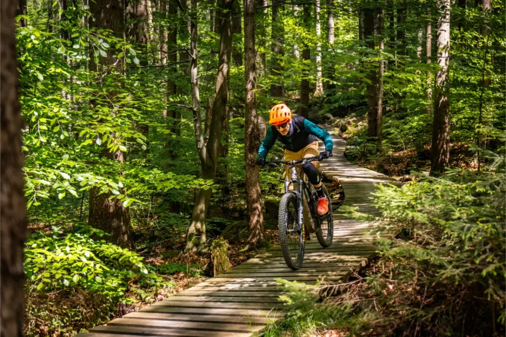 Una persona con casco naranja conduce una bicicleta de montaña por un sendero de madera a través de los verdes y densos bosques de Bike Region Glacensis.
