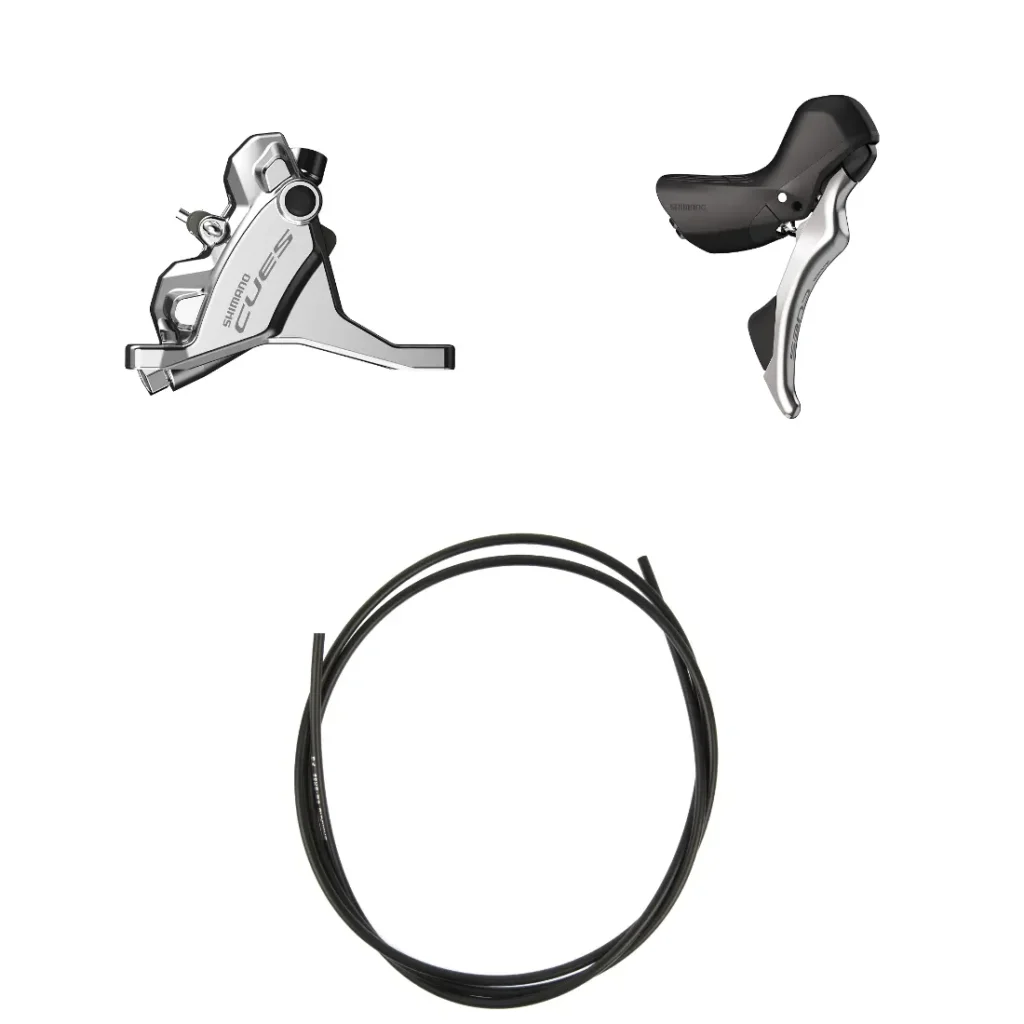 Pinza de freno de disco hidráulico Shimano CUES, palanca de freno y un tramo de latiguillo de freno sobre un fondo blanco, ideal para actualizar su configuración de grupos de carretera.