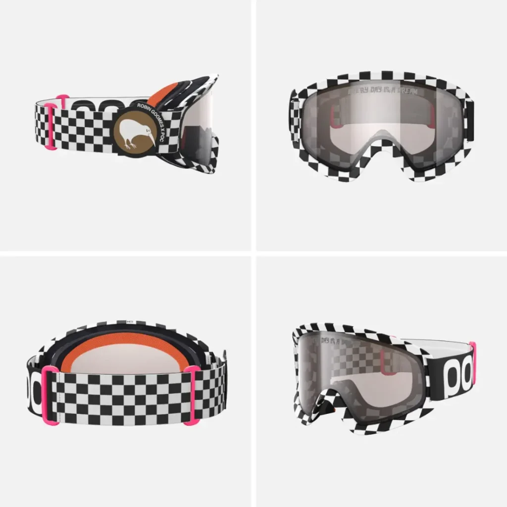Unas gafas de esquí con un diseño de tablero de ajedrez en blanco y negro, lentes transparentes, detalles rosas en la correa y el logotipo de un animal en la correa, similares en estilo a las gafas Ora de Robin Goomes, mostradas desde cuatro ángulos.