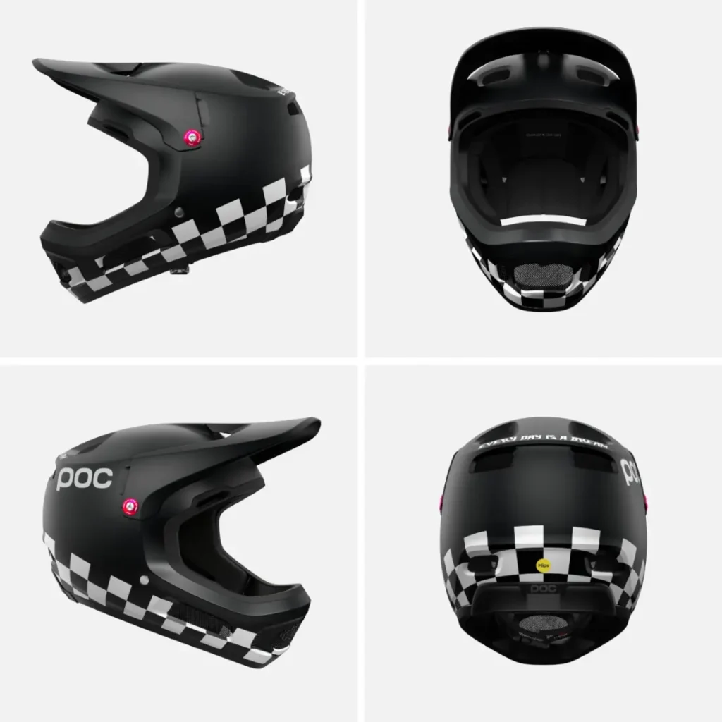 Casco integral Coron Air negro mate con estampado de cuadros blancos, mostrado desde los ángulos lateral, frontal y trasero sobre un fondo claro liso; edición especial ideal para combinar con gafas Ora.