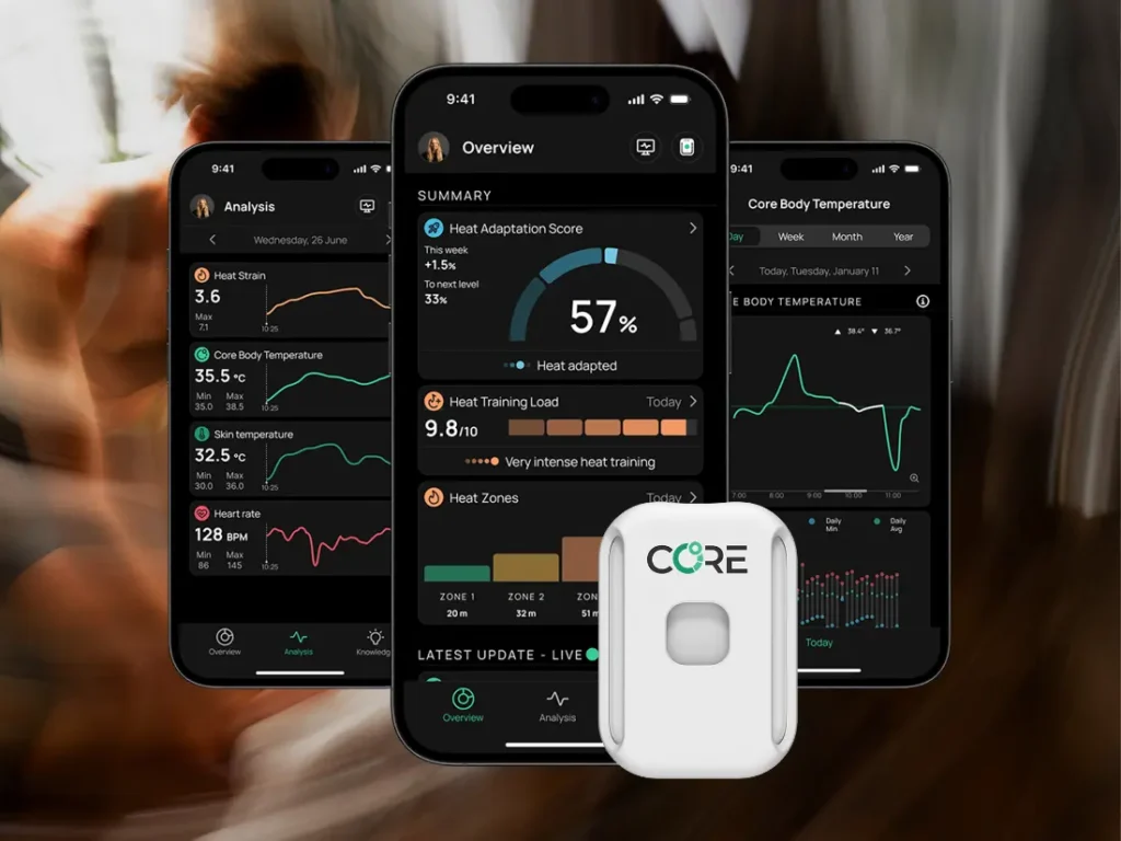 Tres smartphones muestran datos de seguimiento de la salud y la forma física con gráficos y estadísticas; en primer plano, un dispositivo sensor de la marca CORE.
