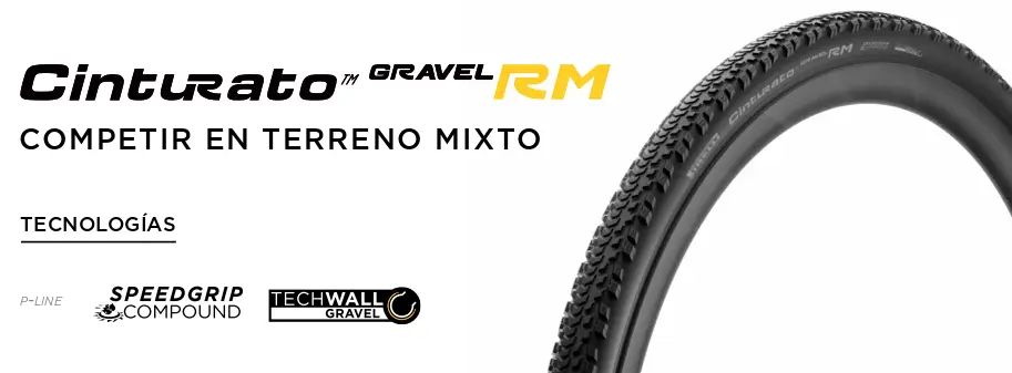 Los neumáticos Pirelli Cinturato Gravel RM ofrecen una banda de rodadura ideal para la competición en terrenos mixtos, con las tecnologías SpeedGrip Compound y Techwall Gravel para un rendimiento excepcional.