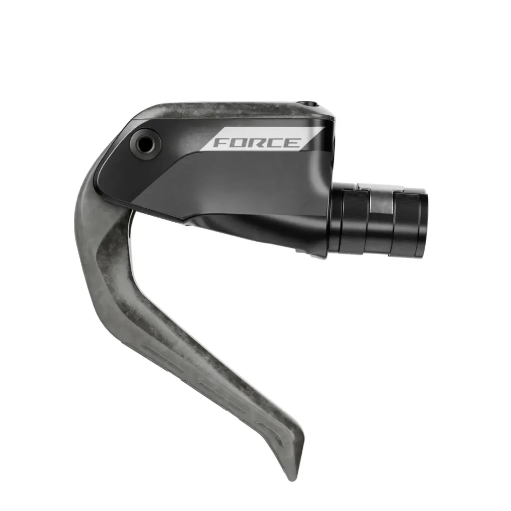 Maneta de freno de bicicleta SRAM Force con cambio integrado, mostrada en un perfil lateral sobre fondo blanco. Descubre las novedades SRAM febrero 2026 para mejorar tu experiencia de ciclismo.