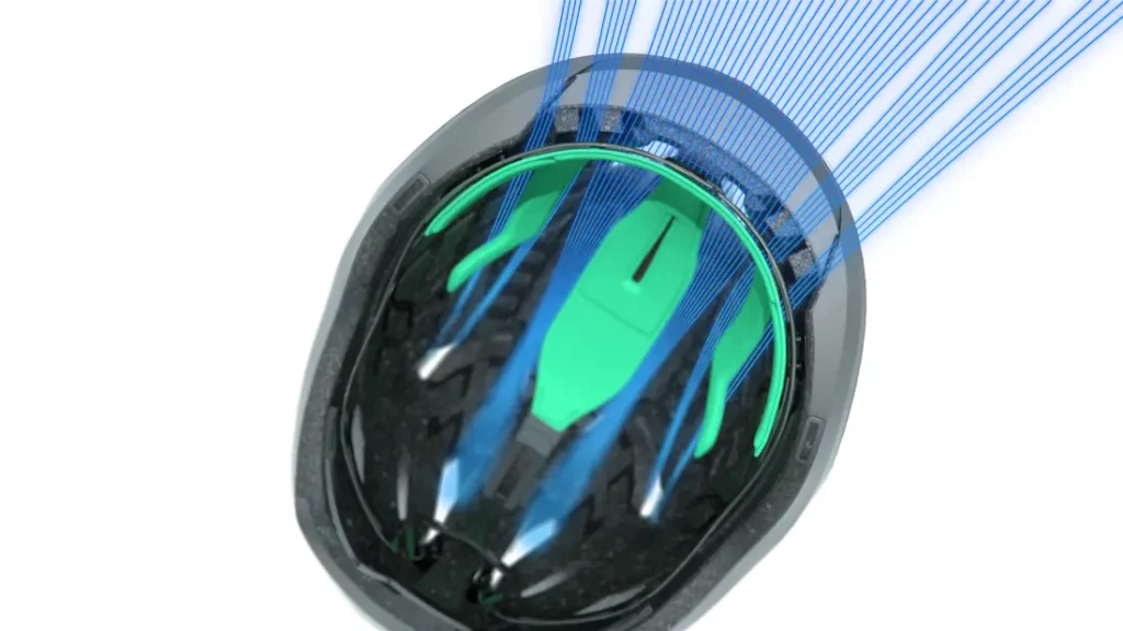 Casco de bicicleta Casco Lazer Sphere KinetiCore negro y verde con líneas azules que ilustran digitalmente el flujo de aire sobre su superficie sobre fondo blanco.