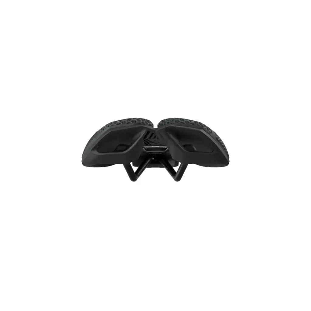 Sillín de bicicleta PRO Stealth 3D negro visto desde atrás, mostrando las dos almohadillas de asiento y la estructura de raíles inferior, aislado sobre fondo blanco.
