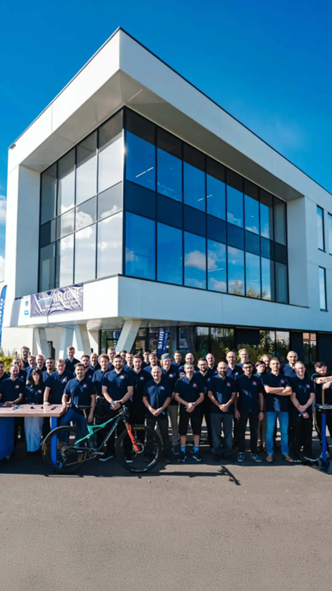 Un numeroso grupo de personas con camisetas a juego se encuentra frente a un moderno edificio de cristal, con una bicicleta cerca del centro, reunidos para el Concurso de Mecánicos Shimano Service Center.