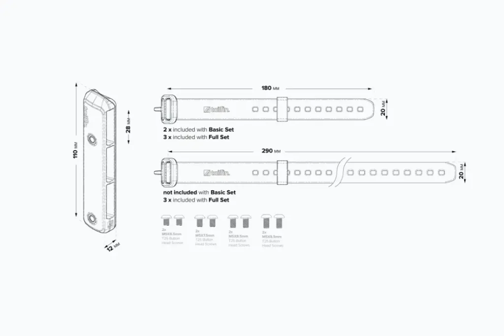 Ilustración técnica del dispositivo de muñeca Tailfin Hydromount con las dimensiones y longitudes de las correas etiquetadas; incluye cantidades en Basic y Full Sets, además de iconos para diferentes tamaños de correas.