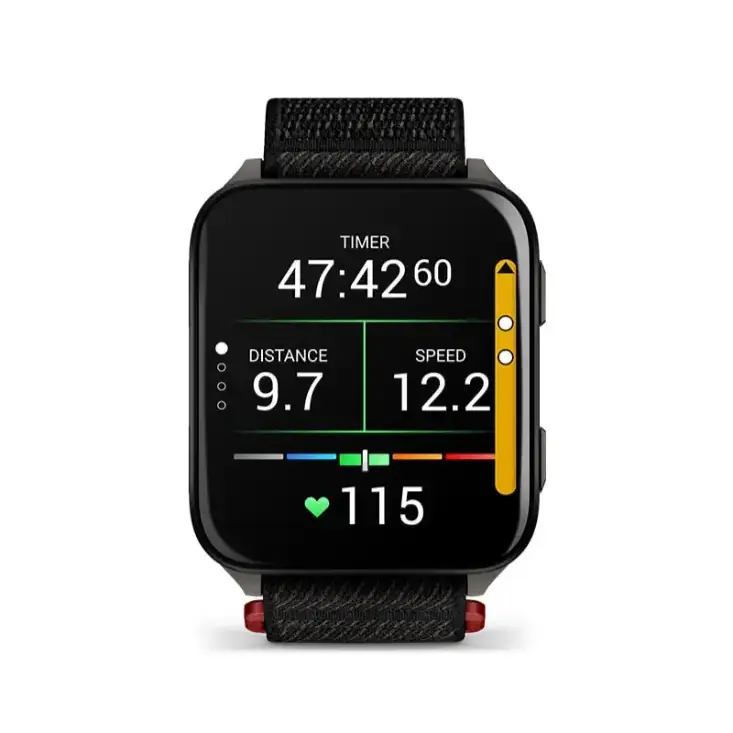 Un smartwatch digital que muestra en su pantalla un cronómetro de 47:42, una distancia de 9,7, una velocidad de 12,2 y una frecuencia cardiaca de 115, perfecto para combinar con el Garmin Varia RearVue 820 y mejorar el rendimiento en bicicleta.