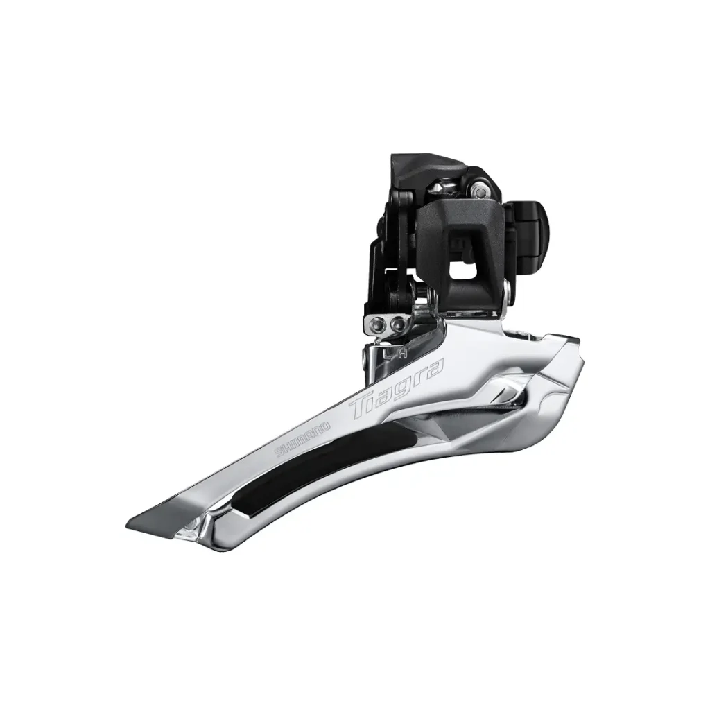 Un desviador Shimano Tiagra R4000 para una bicicleta, con un diseño metálico plateado y negro con marca visible y componentes de ajuste.