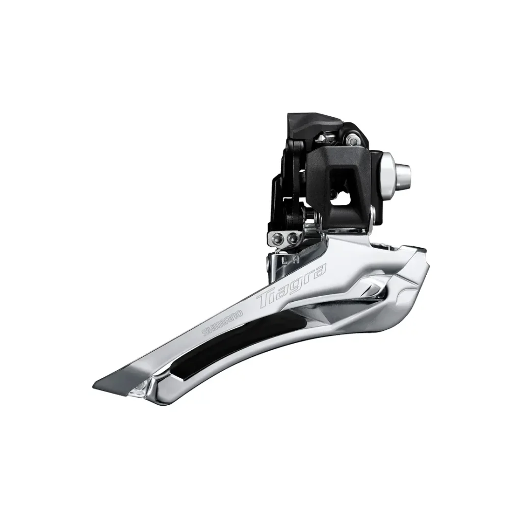 Un desviador delantero de bicicleta Shimano Tiagra R4000 con acabado plateado y negro, diseñado para un cambio suave del plato delantero de su bicicleta.