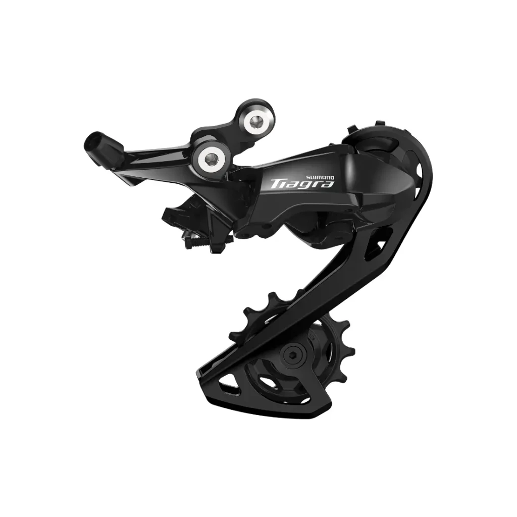Cambio trasero Shimano Tiagra R4000 para bicicletas, mostrado en negro con marca visible y ruedas jockey, aislado sobre fondo blanco.