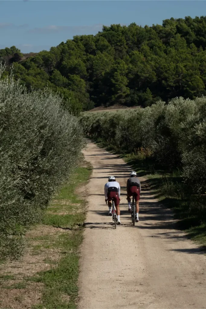 Dos ciclistas recorren un camino de tierra rodeado de densos árboles verdes, disfrutando de un confort inteligente en sus equipaciones ASSOS MILLE GT S11, una verdadera evolución real bajo el cielo despejado.