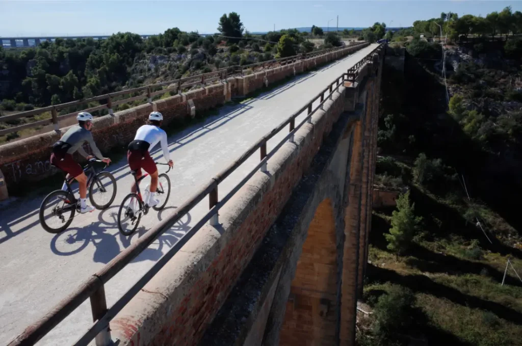 Dos ciclistas circulan por un estrecho puente elevado rodeados de vegetación, disfrutando del confort inteligente y de la evolución real de la marcha ASSOS MILLE GT S11 bajo un cielo despejado.
