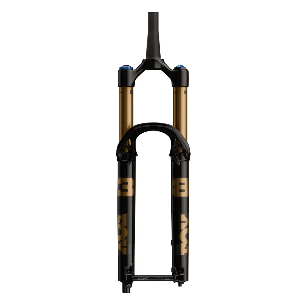 Vista frontal de una horquilla de suspensión FOX 38 2027 para bicicleta de montaña con montantes dorados, bajos negros y la marca FOX visible, diseñada para enduro y un control preciso en terrenos difíciles.
