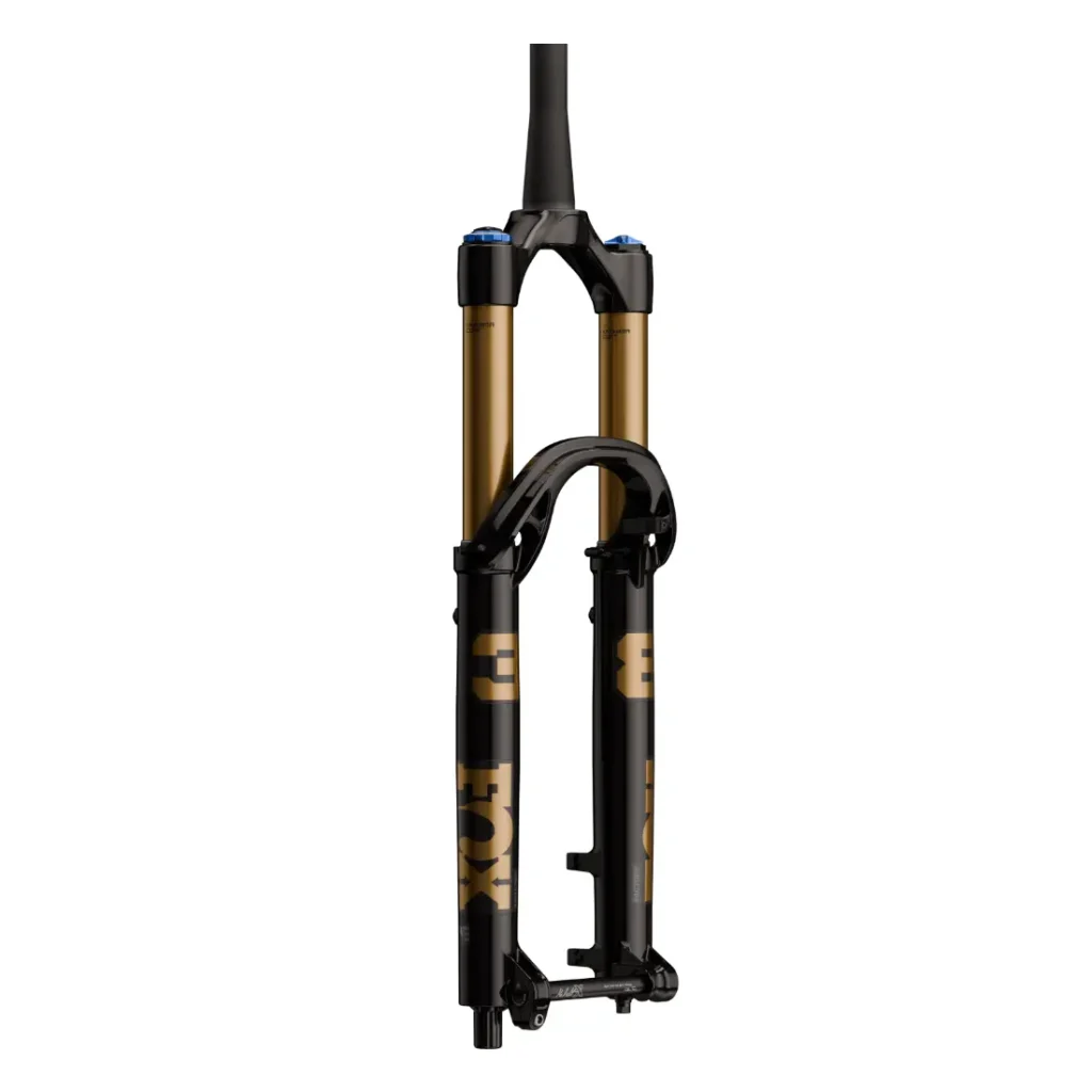 Una horquilla de suspensión negra y dorada para una bicicleta de montaña, la FOX 38 2027 ofrece control Enduro con montantes dobles, un tubo de dirección cónico y la marca distintiva FOX en las patas inferiores.