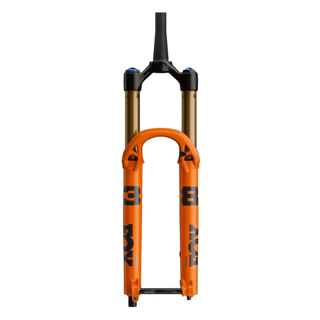Vista frontal de una horquilla de suspensión naranja FOX 38 2027 para bicicleta de montaña, diseñada para Enduro, con mandos de ajuste de control negros y azules y llamativos gráficos negros.